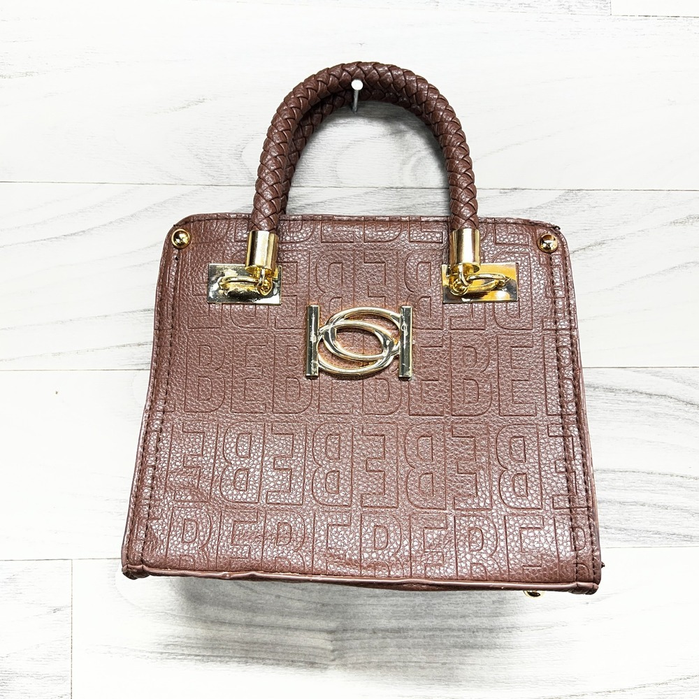 Bebe Handbag Women's Brown Allover Spellout Studded Braided Straps Classic Small